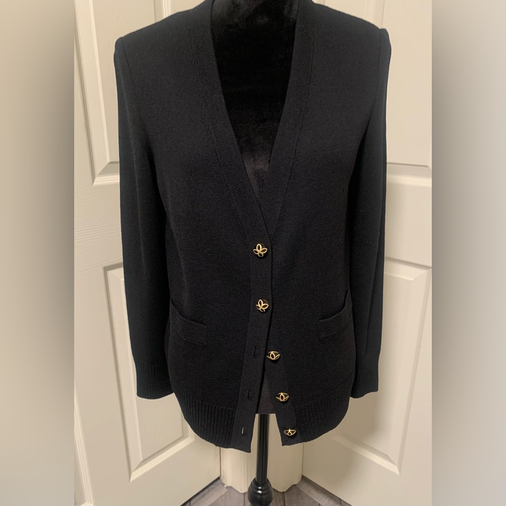 St. John Caviar Wool Blend V-Neck Cardigan